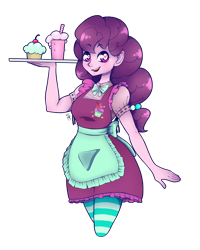 Size: 1600x2000 | Tagged: safe, artist:seishinann, character:sugar belle, my little pony:equestria girls, apron, clothing, cupcake, cute, equestria girls-ified, female, food, heart eyes, milkshake, simple background, smiling, socks, solo, striped socks, sugarbetes, transparent background, tray, wingding eyes