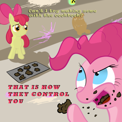 Size: 1000x1000 | Tagged: safe, artist:dazko, character:apple bloom, character:pinkie pie, cookbook, cooking, dialogue, mentally advanced series