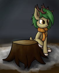 Size: 1024x1259 | Tagged: safe, artist:deerdraw, oc, oc only, oc:pisty, species:deer, species:pony, pony town, angry, antlers, black background, clothing, female, log, original species, scarf, simple background, sitting, snow, solo, tree stump, unamused