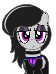 Size: 1087x1436 | Tagged: safe, artist:darkstorm619, oc, oc only, oc:violet, species:pegasus, species:pony, bedroom eyes, choker, clothing, dress, dyed mane, ear piercing, eyeshadow, female, frown, goth, heart, latex, makeup, mare, piercing, shiny mane, shirt, simple background, solo, transparent background, undershirt
