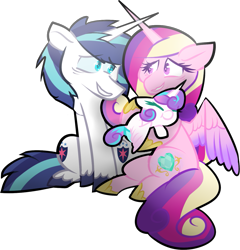 Size: 1277x1328 | Tagged: safe, artist:olivecow, character:princess cadance, character:princess flurry heart, character:shining armor, species:alicorn, species:pony, species:unicorn, cutie mark, female, filly, foal, horns are touching, jewelry, looking at each other, male, mare, missing accessory, regalia, simple background, sitting, sleeping, smiling, stallion, tired, transparent background, trio