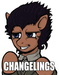 Size: 520x660 | Tagged: safe, artist:lavosvsbahamut, species:changeling, species:pony, alien, ancient aliens, ancient humans, clothing, colored, giorgio a. tsoukalos, image macro, male, meme, necktie, ponified, shirt, solo, stallion