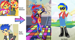 Size: 1576x840 | Tagged: safe, artist:silverbuller, character:flash sentry, character:sunset shimmer, oc, oc:morning glory, oc:sun storm, parent:flash sentry, parent:sunset shimmer, parents:flashimmer, ship:flashimmer, my little pony:equestria girls, 1000 hours in ms paint, bedroom eyes, belt, camp everfree outfits, eqg promo pose set, female, male, next generation, offspring, open mouth, shipping, straight, sun
