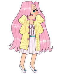 Size: 1975x2468 | Tagged: safe, artist:mochietti, character:fluttershy, species:human, blushing, clothing, dress, female, flats, hair over one eye, humanized, open mouth, pink dress, simple background, solo, sundress, sweater, sweatershy, transparent background