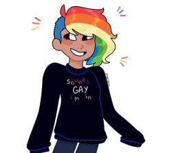 Size: 900x800 | Tagged: safe, artist:mochietti, character:rainbow dash, species:human, alternate hairstyle, blushing, clothing, female, humanized, implied lesbian, jeans, oversized clothes, pants, sidecut, simple background, solo, sweater, transparent background