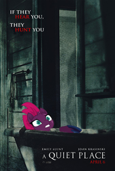 Size: 674x1000 | Tagged: safe, artist:moonlightthegriffon, character:tempest shadow, species:pony, species:unicorn, my little pony: the movie (2017), a quiet place, broken horn, emily blunt, fear, female, hiding, movie poster, scared, shadow, voice actor joke