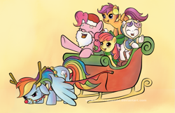 Size: 1361x879 | Tagged: dead source, safe, artist:immortaltanuki, character:apple bloom, character:pinkie pie, character:rainbow dash, character:scootaloo, character:sweetie belle, annoyed, christmas, clothing, costume, cute, cutie mark crusaders, diasweetes, earmuffs, eyes closed, fake beard, floppy ears, frown, holiday, hoodie, open mouth, parka, reindeer costume, reindeer dash, rudolph dash, santa beard, santa costume, scarf, sleigh, smiling, spread wings, underhoof, wings