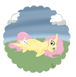 Size: 1984x2000 | Tagged: safe, artist:poowndraww, character:angel bunny, character:fluttershy, species:pegasus, species:pony, species:rabbit, duo, female, grass, lying down, on side, outdoors, simple background, transparent background, wings
