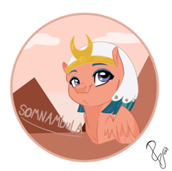 Size: 600x596 | Tagged: safe, artist:poowndraww, character:somnambula, species:pegasus, species:pony, g4, bust, female, headdress, looking at you, mare, pyramid, simple background, solo, transparent background