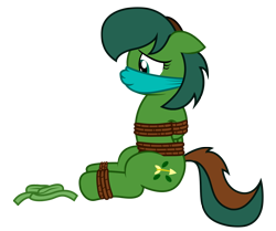 Size: 1008x841 | Tagged: safe, artist:darkstorm619, oc, oc only, oc:windy barebow evergreen, species:pegasus, species:pony, bondage, bound and gagged, cloth gag, damsel in distress, female, floppy ears, gag, hoof wraps, hooves behind back, otn gag, rope, rope bondage, simple background, solo, tied up, transparent background, worried