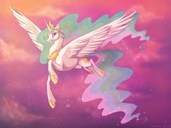 Size: 800x600 | Tagged: safe, artist:kaceymeg, character:princess celestia, species:alicorn, species:pony, female, flying, mare, sky, smiling, solo