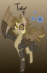 Size: 581x900 | Tagged: safe, artist:eppyminecart, oc, oc only, oc:tinker (ice1517), parent:derpy hooves, parent:doctor whooves, parents:doctorderpy, species:pegasus, species:pony, icey-verse, amputee, augmented, biohacking, brown background, cyborg, female, gradient background, mare, next generation, offspring, prosthetic limb, prosthetic wing, prosthetics, simple background, solo