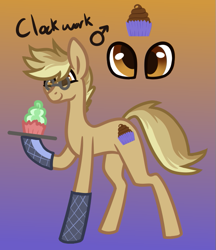 Size: 583x675 | Tagged: safe, artist:eppyminecart, oc, oc only, oc:clockwork (ice1517), parent:derpy hooves, parent:doctor whooves, parents:doctorderpy, species:earth pony, species:pony, icey-verse, cupcake, food, glasses, gradient background, male, next generation, offspring, oven mitts, solo, stallion, tray
