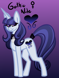 Size: 504x662 | Tagged: safe, artist:eppyminecart, oc, oc only, oc:gothic note, parent:inky rose, parent:moonlight raven, parents:inkyraven, species:pony, species:unicorn, icey-verse, choker, eyeshadow, female, gradient background, magical lesbian spawn, makeup, mare, next generation, offspring, purple background, simple background, solo, tail wrap