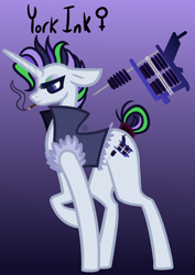 Size: 594x840 | Tagged: safe, artist:eppyminecart, oc, oc only, oc:york ink, parent:inky rose, parent:moonlight raven, parents:inkyraven, species:pony, species:unicorn, icey-verse, cigarette, clothing, eyeshadow, female, gradient background, jacket, magical lesbian spawn, makeup, mare, offspring, punk, purple background, simple background, smoking, solo, tail wrap