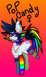 Size: 495x822 | Tagged: safe, artist:eppyminecart, oc, oc only, oc:pop candy (ice1517), parent:inky rose, parent:moonlight raven, parents:inkyraven, species:earth pony, species:pony, icey-verse, anklet, choker, clothing, collar, ear piercing, earring, eyebrow piercing, female, gradient background, jewelry, magical lesbian spawn, mare, necklace, nose piercing, offspring, piercing, rainbow socks, scene, scene kid, socks, solo, spiked wristband, stockings, striped socks, thigh highs, tongue out, tongue piercing, torn clothes, wristband
