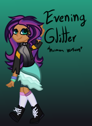 Size: 550x750 | Tagged: safe, artist:eppyminecart, oc, oc only, oc:evening glitter, parent:starlight glimmer, parent:sunset shimmer, parents:shimmerglimmer, species:human, icey-verse, boots, choker, clothing, dress, female, gradient background, green background, humanized, humanized oc, jacket, leather jacket, magical lesbian spawn, next generation, offspring, shoes, shorts, simple background, socks, solo, spiked choker, spiked wristband, wristband