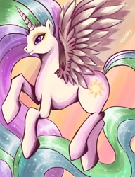 Size: 768x1000 | Tagged: safe, artist:schwarz-one, character:princess celestia, species:alicorn, species:pony, abstract background, female, long mane, long tail, mare, solo