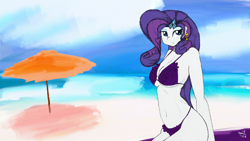 Size: 1920x1080 | Tagged: safe, artist:achmeddb, character:rarity, my little pony:equestria girls, beach, belly button, breasts, busty rarity, clothing, female, frilled swimsuit, ocean, purple swimsuit, signature, solo, swimsuit, thong swimsuit, umbrella, wallpaper