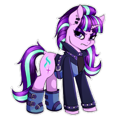 Size: 1200x1152 | Tagged: dead source, safe, artist:seishinann, character:starlight glimmer, species:pony, episode:the parent map, g4, backwards cutie mark, belt, boots, clothing, coat, ear piercing, earring, edgelight glimmer, emo, female, goth, jacket, jewelry, looking at you, mare, piercing, shoes, simple background, solo, teenage glimmer, teenager, transparent background, watermark