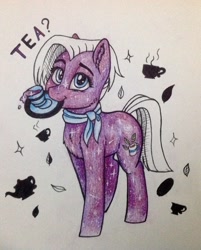 Size: 1551x1930 | Tagged: safe, artist:ognifireheart, character:jasmine leaf, species:earth pony, species:pony, g4, clothing, cup, female, food, looking at you, mare, plate, scarf, solo, sparkles, tea, teacup, teapot, traditional art
