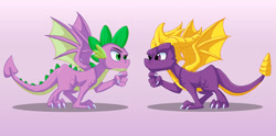 Size: 900x446 | Tagged: safe, artist:sonicpegasus, character:spike, episode:molt down, g4, my little pony: friendship is magic, crossover, duo, looking at each other, male, purple background, quadrupedal spike, simple background, spyro the dragon, winged spike