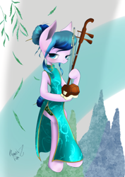 Size: 1240x1754 | Tagged: safe, artist:psaxophone, oc, species:earth pony, species:pony, blushing, cheongsam, clothing, erhu, female, hair bun, lidded eyes, looking at you, mare, musical instrument, semi-anthro, solo, tail bun