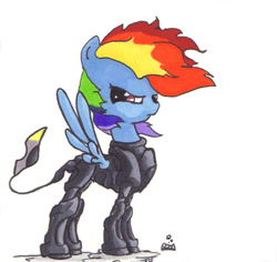 Size: 734x693 | Tagged: safe, artist:jump-cut, character:rainbow dash, species:pegasus, species:pony, fallout equestria, armor, enclave armor, fanfic, fanfic art, female, hooves, mare, ministry mares, power armor, powered exoskeleton, simple background, solo, white background, wings
