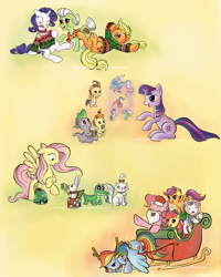 Size: 1530x1913 | Tagged: safe, artist:immortaltanuki, character:angel bunny, character:apple bloom, character:applejack, character:fluttershy, character:granny smith, character:gummy, character:opalescence, character:pinkie pie, character:pound cake, character:pumpkin cake, character:rainbow dash, character:rarity, character:scootaloo, character:spike, character:sweetie belle, character:tank, character:twilight sparkle, carrot, christmas, clothing, cutie mark crusaders, everypony, holiday, laughing, magic, mane six, mistletoe, reindeer antlers, rudolph dash, sleigh, sweater, windigo