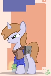 Size: 697x1042 | Tagged: safe, artist:jump-cut, oc, oc only, oc:littlepip, species:pony, species:unicorn, fallout equestria, abstract background, clothing, fanfic, fanfic art, female, hooves, horn, mare, pipbuck, saddle bag, solo, vault suit