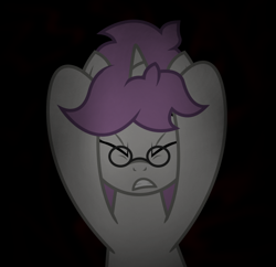 Size: 680x657 | Tagged: safe, artist:darkstorm619, derpibooru original, oc, oc only, oc:snappy edit, species:pony, species:unicorn, black background, clenched teeth, dark background, darkness, female, glasses, holding head, pain, simple background, solo