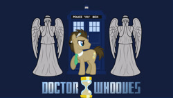 Size: 2120x1192 | Tagged: safe, artist:dachosta, artist:theseventhstorm, edit, character:doctor whooves, character:time turner, crossover, doctor who, sonic screwdriver, statue, tardis, the doctor, wallpaper, weeping angel