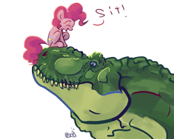 Size: 1280x1024 | Tagged: safe, artist:jump-cut, character:gummy, character:pinkie pie, badass, dinosaur, eyes closed, happy, open mouth, ponies riding dinosaurs, raised hoof, sitting, smiling, species swap, tyrannosaurus rex