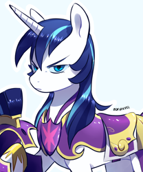 Size: 792x950 | Tagged: safe, artist:zoruanna, character:shining armor, species:pony, species:unicorn, armor, female, glare, gleaming shield, helmet, looking at you, mare, rule 63, scowl, signature, simple background, solo, stare, white outline