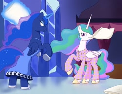 Size: 1280x989 | Tagged: safe, artist:sycotei-b, character:princess celestia, character:princess luna, species:alicorn, species:pony, clothing, duo, duo female, evening dress, female, magic, mare, pajamas, pillow, pillow fight, royal sisters, sisterly love, sisters, smiling, smirk