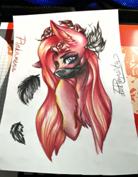 Size: 1080x1382 | Tagged: safe, artist:dankpegasista, character:pinkamena diane pie, character:pinkie pie, blue eyes, flower, leaves, mask, mysterious, pink fur, rose, traditional art, wavy mane
