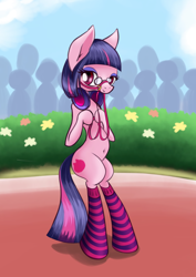 Size: 1240x1754 | Tagged: safe, artist:psaxophone, species:pony, belly button, clothing, cute, female, glasses, halter, japan racing association, looking at you, mare, not twilight sparkle, pop team epic, pop team epic kinen, reins, sabukaru kuso hinba, semi-anthro, smiling, socks, solo, standing, striped socks, tack