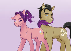 Size: 1166x843 | Tagged: safe, artist:guiltyp, character:filthy rich, character:spoiled rich, species:pony, ship:spoilthy, female, male, ponytail, purple background, shipping, simple background, spoiled milk, straight, tail seduce