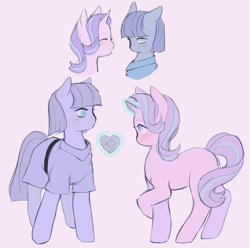 Size: 1695x1680 | Tagged: safe, artist:serafelis, character:maud pie, character:starlight glimmer, species:earth pony, species:pony, species:unicorn, blushing, clothing, duo, female, glowing horn, heart, heart shaped, lesbian, magic, mare, missing cutie mark, rock, shipping, simple background, smiling, starmaud, telekinesis