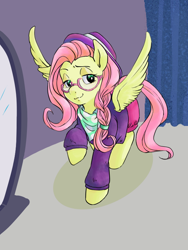Size: 600x800 | Tagged: safe, artist:sajuaira, character:fluttershy, species:pegasus, species:pony, episode:fake it 'til you make it, alternate hairstyle, clothing, female, glasses, hat, hipstershy, mare, mirror, solo