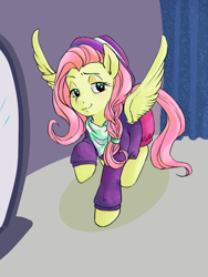 Size: 600x800 | Tagged: safe, artist:sajuaira, character:fluttershy, species:pony, episode:fake it 'til you make it, alternate hairstyle, clothing, female, hat, hipstershy, looking at you, mare, mirror, solo