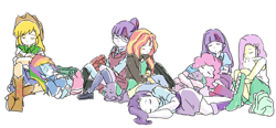 Size: 1480x684 | Tagged: safe, artist:sajuaira, character:angel bunny, character:applejack, character:fluttershy, character:pinkie pie, character:rainbow dash, character:rarity, character:spike, character:spike (dog), character:sunset shimmer, character:twilight sparkle, character:twilight sparkle (alicorn), character:twilight sparkle (scitwi), species:alicorn, species:dog, species:eqg human, species:pony, species:rabbit, my little pony:equestria girls, backpack, boots, clothing, compression shorts, cowboy hat, crystal prep academy uniform, cute, denim skirt, female, glasses, hat, high heel boots, humane five, humane seven, humane six, leg warmers, male, mane six, pixiv, school uniform, shoes, shorts, simple background, skirt, sleeping, spike the dog, stetson, weapons-grade cute, white background