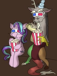 Size: 600x800 | Tagged: safe, artist:sajuaira, character:discord, character:starlight glimmer, species:draconequus, species:pony, species:unicorn, 3d glasses, brown background, duo, female, food, male, popcorn, simple background