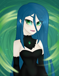 Size: 1939x2500 | Tagged: safe, artist:thecreativerey, character:queen chrysalis, species:human, clothing, dress, female, humanized, open mouth, smiling, solo