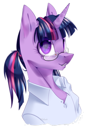 Size: 1024x1463 | Tagged: safe, artist:jun1313, character:twilight sparkle, species:pony, species:unicorn, alternate hairstyle, bust, clothing, female, glasses, ponytail, shirt, simple background, solo, transparent background