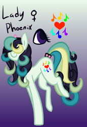 Size: 592x859 | Tagged: safe, artist:eppyminecart, oc, oc only, oc:lady phoenix, parent:coloratura, parent:songbird serenade, parents:colorenade, species:earth pony, species:pony, icey-verse, bow, female, gradient background, hair over eyes, magical lesbian spawn, mare, next generation, offspring, solo