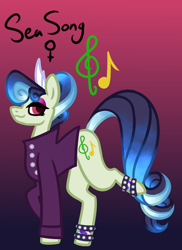 Size: 584x803 | Tagged: safe, artist:eppyminecart, oc, oc only, oc:sea song (ice1517), parent:coloratura, parent:sapphire shores, parents:colorashores, species:earth pony, species:pony, icey-verse, ankle bracelet, anklet, clothing, crown, eyeshadow, female, gradient background, jacket, jewelry, magical lesbian spawn, makeup, mare, next generation, offspring, regalia, solo, spiked wristband, tiara, wristband