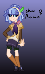 Size: 487x794 | Tagged: safe, artist:eppyminecart, oc, oc only, oc:choco molomare, parent:coco pommel, parent:suri polomare, parents:cocopolo, species:human, icey-verse, blue background, clothing, female, gradient background, headband, high heels, humanized, humanized oc, magical lesbian spawn, necktie, next generation, offspring, shirt, shoes, shorts, side slit, simple background, skirt, socks, solo