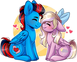 Size: 1989x1619 | Tagged: safe, artist:grapegrass, oc, oc only, oc:andrew swiftwing, oc:bay breeze, species:pegasus, species:pony, boop, bow, couple, cute, eyes closed, female, hair bow, heart, male, mare, oc x oc, shipping, side view, simple background, smiling, stallion, straight, swiftbreeze, transparent background, wings
