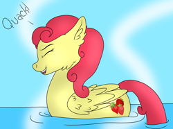 Size: 996x741 | Tagged: safe, artist:monsoonvisionz, character:strawberry sunrise, species:pegasus, species:pony, behaving like a bird, behaving like a duck, eyes closed, female, mare, open mouth, pegaduck, quack, solo, swimming, water, ych result